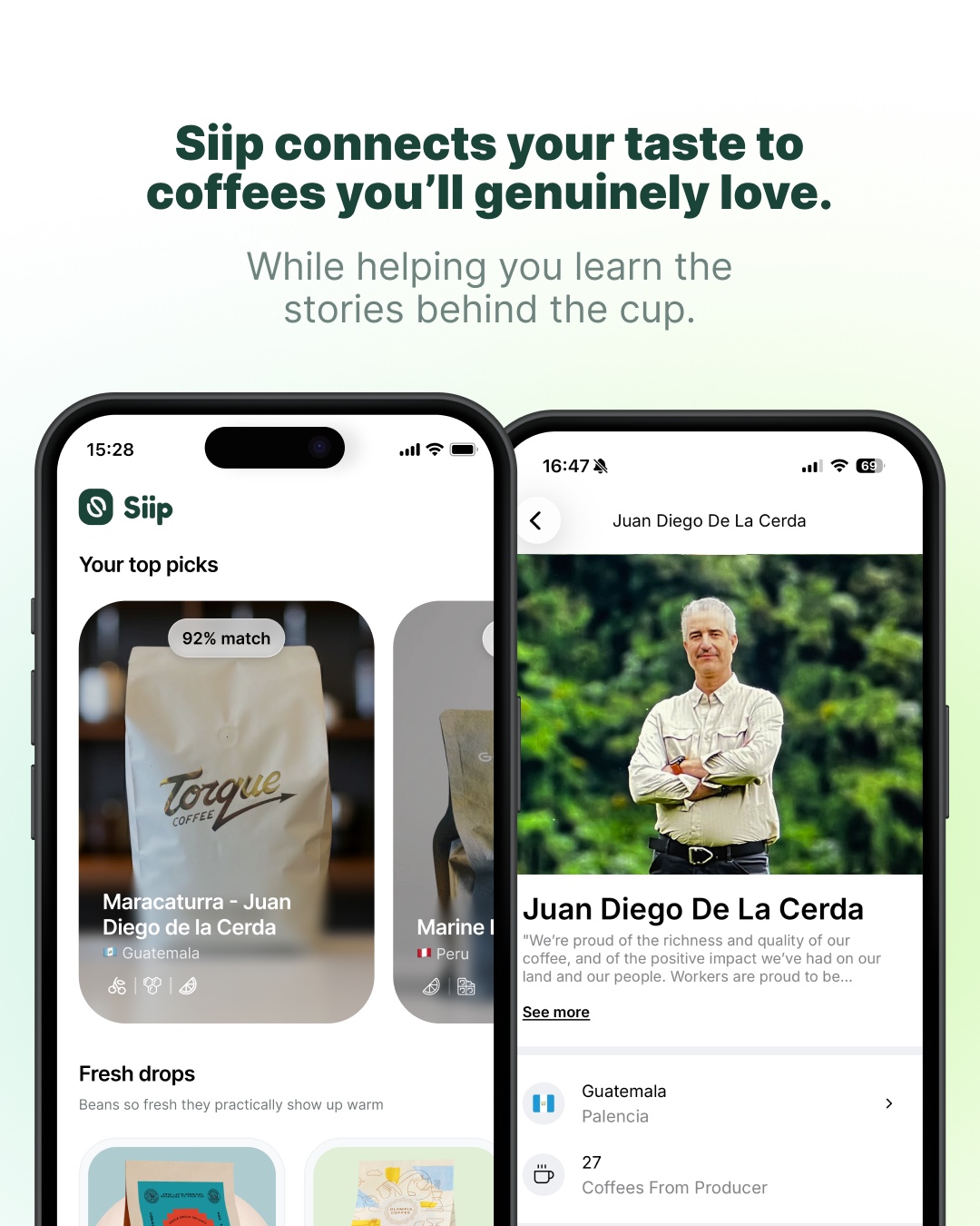 Cup of Excellence and Siip app partnership showing coffee discovery on mobile screens