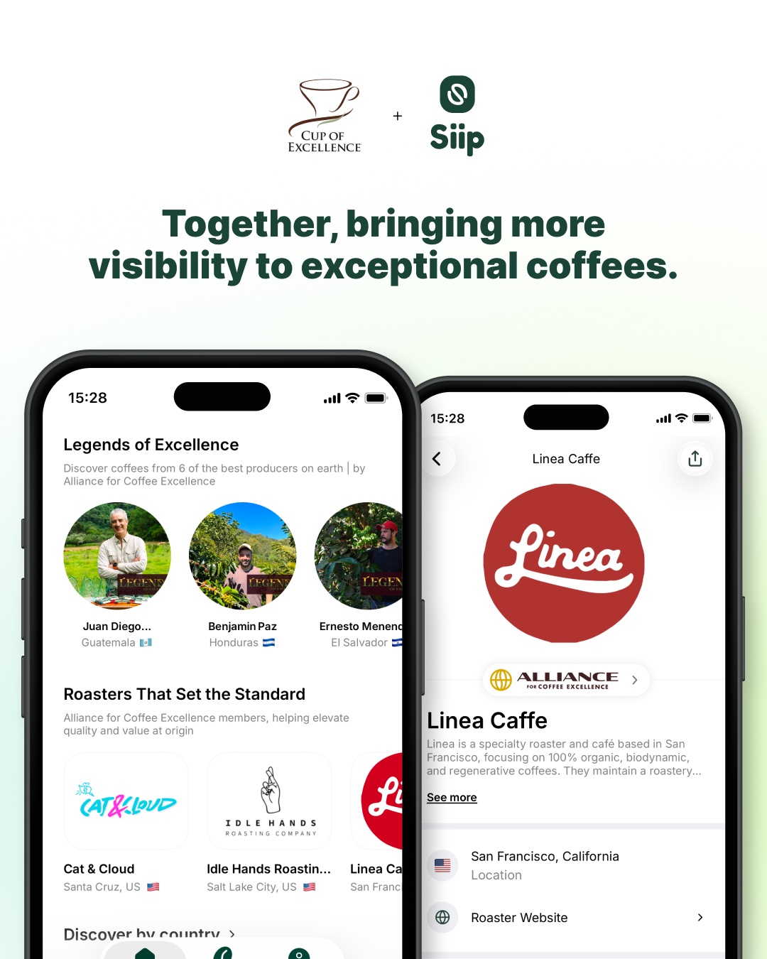 Siip app screens showing coffee recommendations and Cup of Excellence producer information